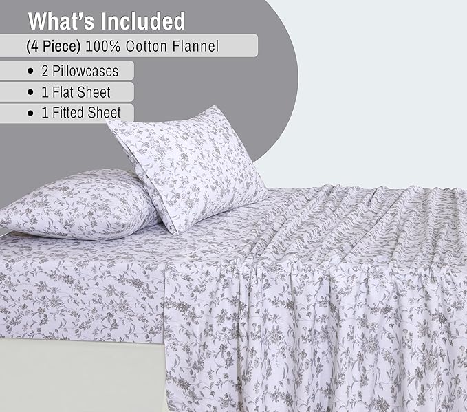 RUVANTI Flannel Sheets Queen Size - 100% Cotton Double Brushed Bed Sheets, Deep Pockets 16 Inches Queen Sheet Set, All Seasons Breathable & Extra Soft - Warm & Cozy, 4 Piece, Vintage Flora