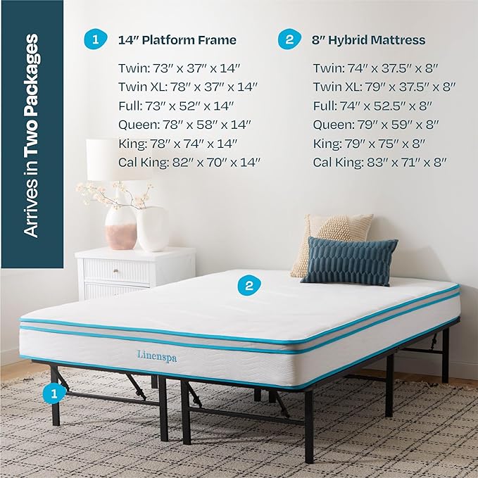 Linenspa 8” Memory Foam and Innerspring Hybrid Mattress + 14” Black Metal Platform Bedframe – Twin XL Mattress + Metal Folding Twin XL Bedframe