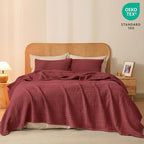 PHF 100% Cotton Waffle Weave Blanket Queen Size for Bed, Soft Lightweight & Breathable, All-Season Comfort, Luxury Aesthetic Woven Bedding for Home Decor, 90"x90", Wine Red