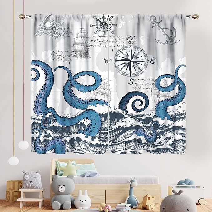 Nautical Curtains, Coastal Old Pirate Map Sailboat Compass Anchor Vintage Ocean Kraken Octopus Tentacles Blue Marine Window Drapery Treatment for Bedroom Living Room Kitchen Bathroom, 55"x63" Inch