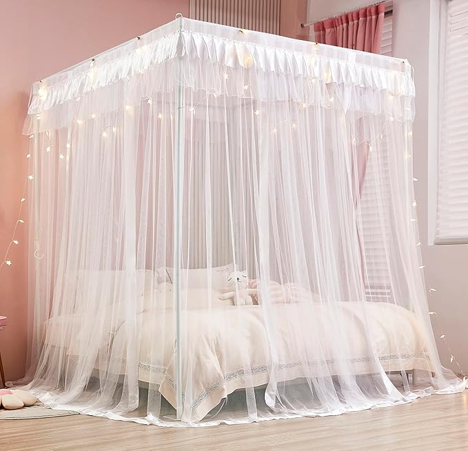 Mengersi 4 Corners Post Canopy Bed Curtains for Girls Kids Adults Queen Size- Cute Cozy Drape Square Netting - 4 Opening Mosquito Net - Princess Bedroom Decoration Gift