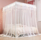Mengersi 4 Corners Post Canopy Bed Curtains for Girls Kids Adults Queen Size- Cute Cozy Drape Square Netting - 4 Opening Mosquito Net - Princess Bedroom Decoration Gift