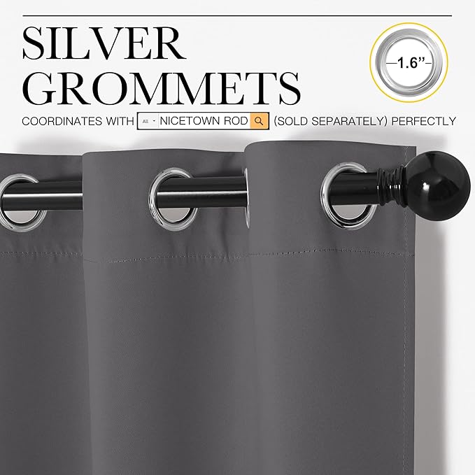 NICETOWN Bedroom Blackout Curtains Panels, 1 Pair, 55 inches by 92 Inch, Grey, Triple Weave Energy Saving Thermal Insulated Solid Grommet Blackout Draperies for Patio