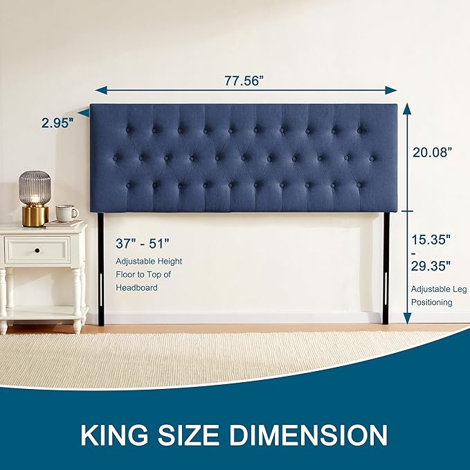 Tufted Upholstered Headboard King Size, Solid Wood Head Board with Durable Metal Legs, Adjustable Height Bed headboard from 37" to 51" Fabric Headboard in Modern Button Design, Blue