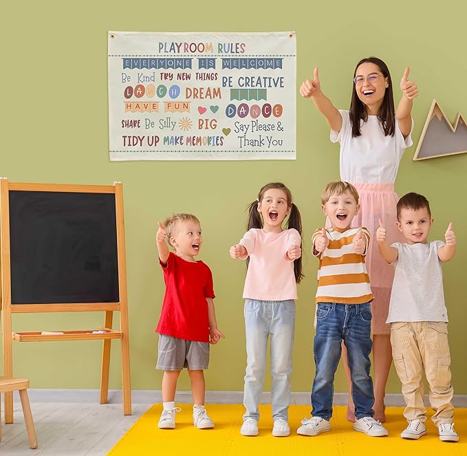 Sioial Playroom Kids Toddler Room Wall Decor, Play Room Rules Wall Decor for Kids Play Game Room Bedroom Nursery Home School Playroom Essentials,Canvas Hanging Banner Poster 28.5x20 Inch