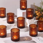 15Pcs Glass Votive Candle Holders, Amber Tea Light Candle Holders Vintage Fall Tealight Candle Holder Bulk for Autumn, Thanksgiving Table Centerpieces, Christmas Decor (Amber)