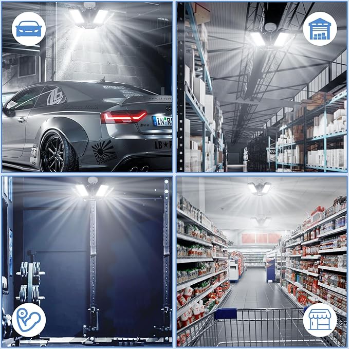 LED Garage Lights 4 Pack -120W, 12000LM 6500K Led Shop Light with 4+1 Deformable Panels, Basement Barn Light Garage Ceiling Lights, E26/E27 for Garage, Warehouse, Shop