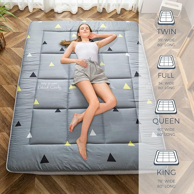 MAXYOYO Grey Triangle Futon Mattress, Padded Japanese Floor Mattress Quilted Bed Mattress Topper, Extra Thick Folding Sleeping Pad Breathable Floor Lounger Guest Bed for Camping Couch, Full