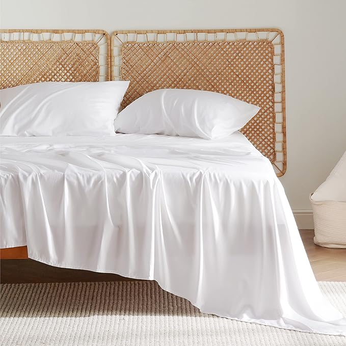 Bedsure Cooling Sheets Twin XL, Rayon Derived from Bamboo, Breathable & Soft Twin XL Sheet Sets, Deep Pocket Up to 16 Inches, Hotel Luxury Silky Dorm Bedding for Hot Sleepers, White
