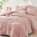 HYMOKEGE Rose Gold Queen Comforter Set Seersucker 7 Pieces, All Season Luxury Bed in a Bag for Bedroom, Bedding Set with Comforters, Sheets, Pillowcases & Shams