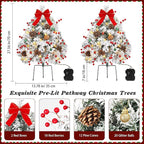 Lewondr Set of 2 Prelit Pathway Christmas Trees, 27.56" Outdoor Christmas Tree with 50 LED Lights, Pine Cones Red Berries, Battery Operated Outdoor Xmas Decor for Yard Home Porch, White Snowflake