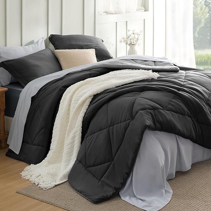 Bedsure Charcoal Grey Queen Comforter Set - 7 Pieces Reversible Bedding, Queen Size Bed Set for All Seasons, Bed in a Bag with Down Alternative Comforter, Sheets, Pillowcases & Shams