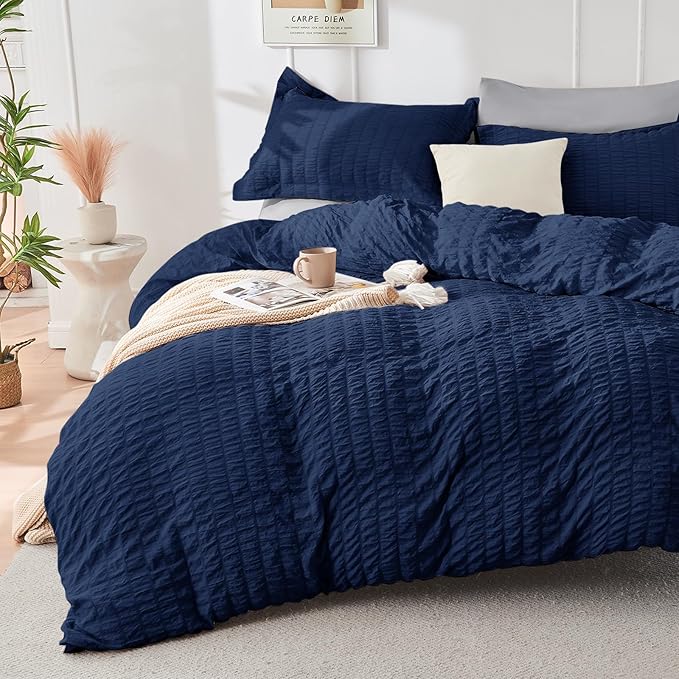 HYMOKEGE Navy Blue/Light Grey California King Comforter Set Seersucker 7 Pieces, All Season Luxury Bed in a Bag for Bedroom, Bedding Set with Comforter, Sheets, Pillowcases & Shams
