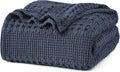 PHF 100% Cotton Waffle Weave Blanket Queen Size for Bed, Soft Lightweight & Breathable, All-Season Comfort, Luxury Aesthetic Woven Bedding for Home Decor, 90"x90", Indigo