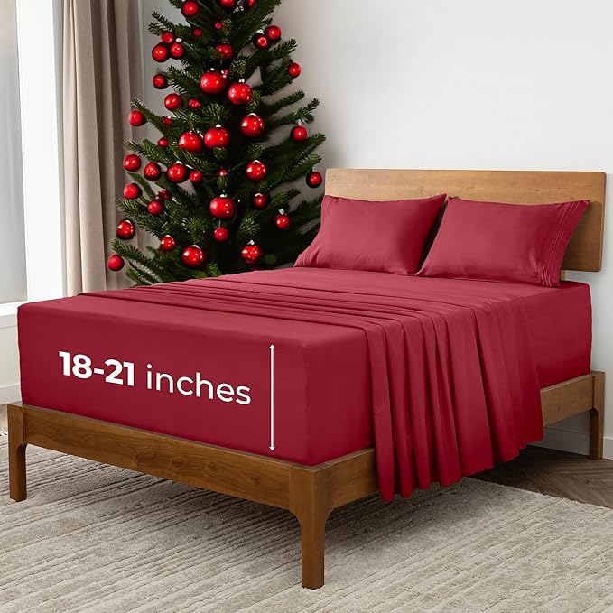Mellanni Extra Deep Split King Sheets - 5 PC Iconic Collection Bedding - Hotel Luxury, Ultra Soft, Cooling Bed Sheets - Wrinkle, Fade, Stain Resistant (Split King, Brick Red)
