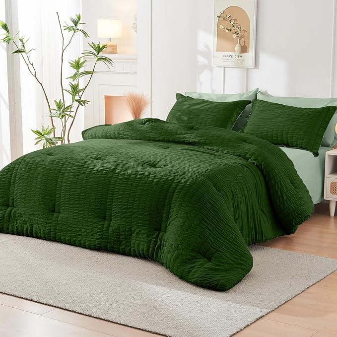 HYMOKEGE Dark Green/Sage Green Full Size Comforter Sets Seersucker 7 Pieces, All Season Luxury Bed in a Bag for Bedroom, Bedding Set with Comforter, Sheets, Pillowcases & Shams