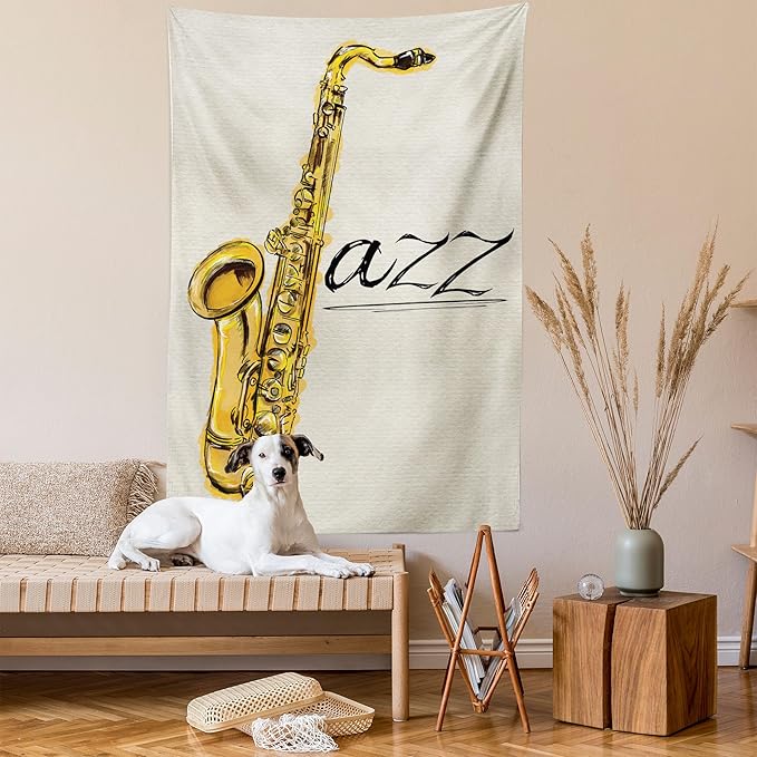 Ambesonne Music Tapestry, The Classic Painting of Jazz Saxophone Print on a Plain Background Vintage Style of Sketch an Artwork, Wall Hanging for Bedroom Living Room Dorm Decor, 40" X 60", Yellow Ecru