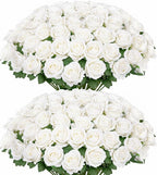 Ouddy Decor 50 Pcs Artificial White Roses Bulk Realistic Silk Roses with Long Stems Fake Roses Flowers for Wedding Bridal Bouquet DIY Table Centerpieces Arrangement Valentines Day Home Decor, White