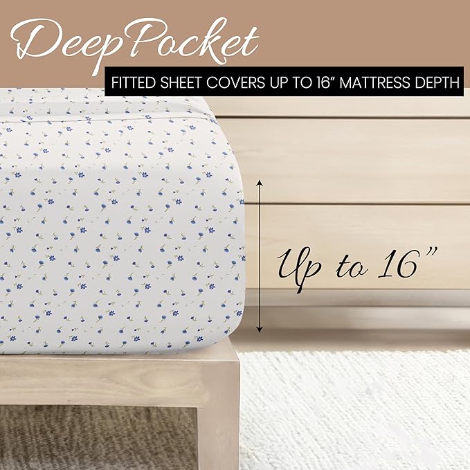 Linen Market Double-Brushed Patterned Microfiber California King Sheet Set 4 Piece – Oeko-TEX Certified Ultra Soft & Wrinkle-Free - 16" Deep Pocket Sheets Easy Care Cal-King Size - Soft Floral Blue