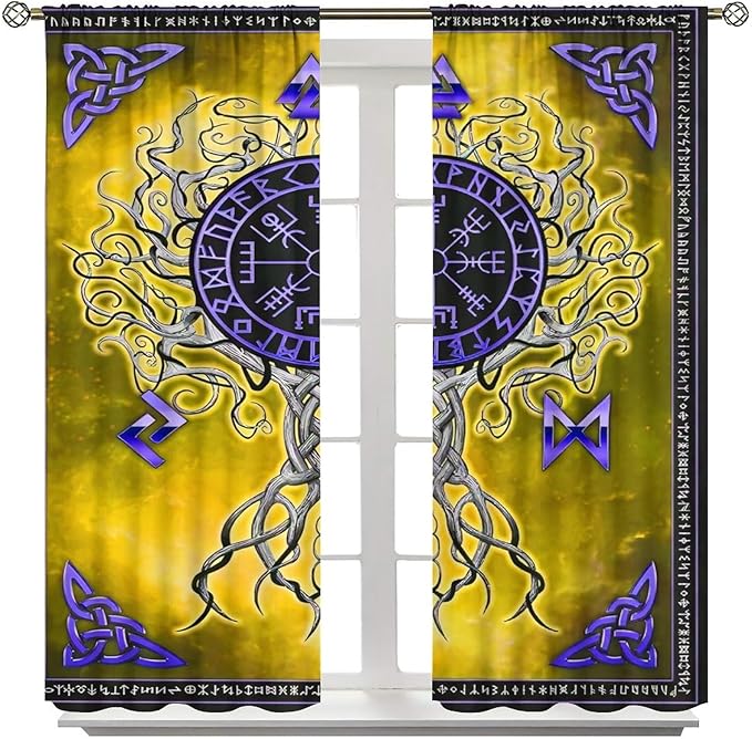 Viking Blackout Curtains Scandinavian Pirate Totem Mythology Golden Tree of Life Printed Curtain Bedroom and Living Room Decoration Blackout Curtains W42 * L45 Inch