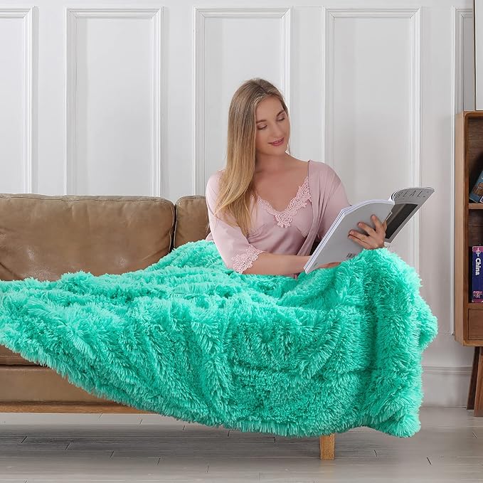 Tuddrom Decorative Extra Soft Faux Fur Throw Blanket 70"x78",Solid Reversible Fuzzy Lightweight Long Hair Shaggy Blanket,Fluffy Cozy Plush Fleece Comfy Microfiber Blanket for Couch Sofa Bed,Teal Blue