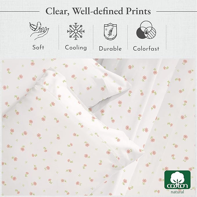 California Design Den Deep Pocket Twin Sheets Set - 400 Thread Count Sateen, Natural 100% Cotton Sheets, Cooling and Durable Bedding Set - Soft Floral