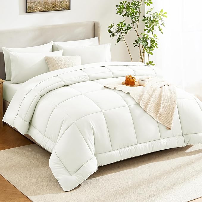 CozyLux King Size Comforter Set Ivory - 7 Pieces Bed in a Bag, Cream Off White Comforter King Size, Bedding Sets with All Season Quilted Comforter, Flat Sheet, Fitted Sheet, Pillowcases