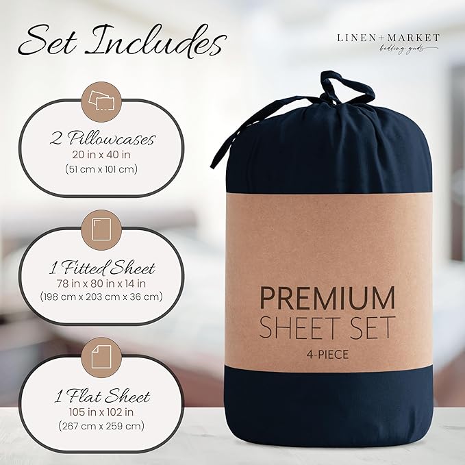 Linen Market Brushed Microfiber King Sheet Set 4 Piece – Oeko-TEX Certified Ultra Soft & Wrinkle-Free - 16" Deep Pocket Sheets - Easy Care King Size - Navy