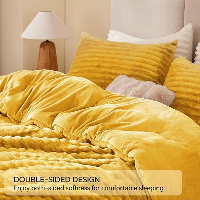 BEDELITE Fleece California King Comforter Set -Super Soft & Warm Fluffy Mustard Yellow Bedding, Luxury Fuzzy Heavy Bed Set for Winter with 2 Pillow Cases