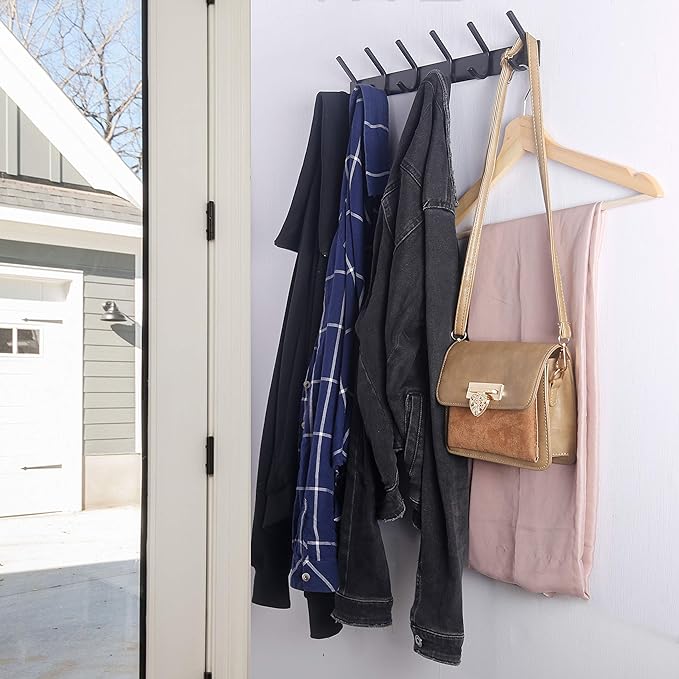 WEBI Coat Rack Wall Mounted,17-1/8 Inch Hooks for Hanging Coats,Heavy Duty Metal Hook Rail with 6 Double Dual Hooks Hanger Wall Mount for Purse Clothes Jacket Backpack Entryway,Black