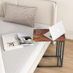 Yusong C Shaped End Table - Slide Under Sofa Couch Bed, Small Table for Small Spaces, Skinny Overbed, Coffee Drink Snack Table for Living Room, Rustic Brown