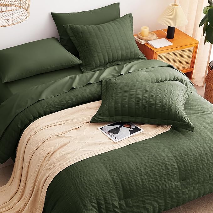 CozyLux King Size Comforter Set Olive Green Seersucker 7 Pieces Bed in a Bag King Comforter Set with Sheets, Luxury Bedding Set with Down Alternative Comforter, Sheets, Pillowcases & Shams All Seasons