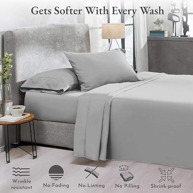 2-Pack Twin XL Sheet Set Cotton - 400 Thread Count 100% Cotton Sateen - Extra Soft, Breathable & Cooling Sheets, Wrinkle Resistant twin XL Sheet Sets, 2 Sets of Deep Pocket Bed Sheets - Light Grey