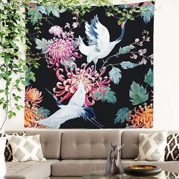 Batmerry White Watercolor S Tapestry, Flower Wall Art Hanging Decoration Polyester Fiber White Ruffled Around for Dorm Room Bedroom Living Room, 59.1x59.1 inches