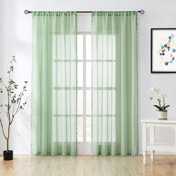 Treatmentex Pompom Sheer Green Curtains for Bedroom 72" Length Nursery Room Slub Textured Window Curtain Drapes for School Kindergarten 52" w x 2 Pack Rod Pocket, Sage Green