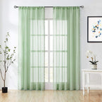 Treatmentex Pom-Pom Sheer Curtains for Living-Room Sage Green 84inch Slub Linen Textured Forest Sage Sheer Drapes for Birthday Party Décor 52" w, 2 Panels Rod Pocket