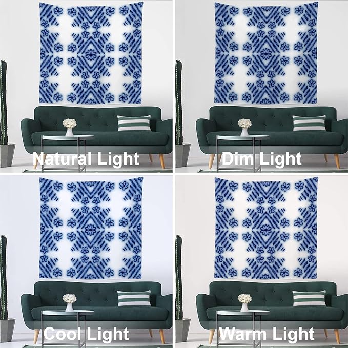 Batmerry Blue Art Flower Tapestry,Blue White Ceramic Glaze Tie Dye Wall Art Hanging Decoration Polyester Fiber White Ruffled Around for Dorm Room Bedroom Living Room, 59.1x59.1 inches