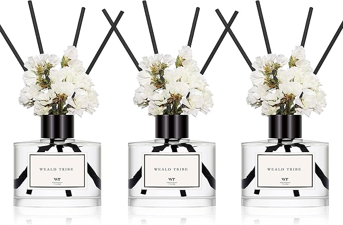 WEALD TRIBE Real Flower Reed Diffuser Set of 3 for Bathroom Air Fresheners, Oil Defusers | Fresh Linen/Ocean/Eucalyptus & Mint Scent(1.7 fl oz Each Pack) Home Fragrance with 12 Stick | Shelf Decor