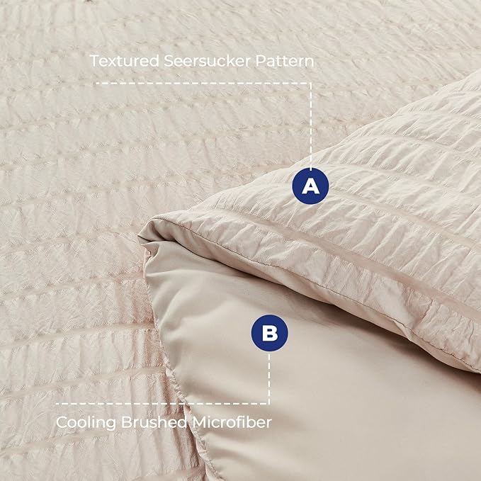 HYMOKEGE Beige Oversized King Comforter Set Seersucker 7 Pieces, All Season Luxury Bed in a Bag for Bedroom, Bedding Set with Comforter, Sheets, Pillowcases & Shams