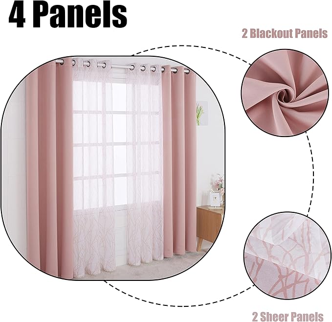 BONZER Mix and Match Curtains - 2 Pieces Branch Print Sheer Curtains and 2 Pieces Blackout Curtains for Bedroom Living Room Grommet Window Drapes, 37x63 Inch/Panel, Blush, Set of 4 Panels