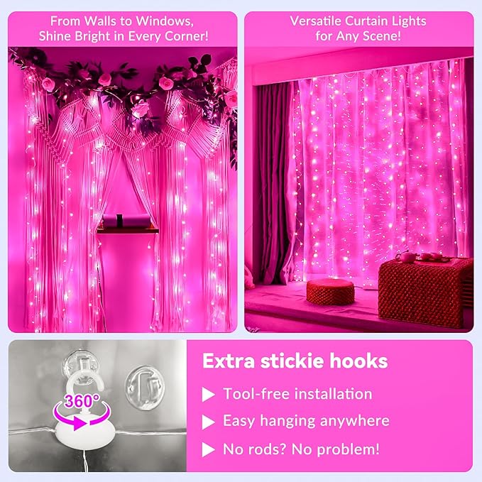 HXWEIYE 300LED Fairy Curtain Lights, 9.8x9.8Ft USB Plug-in 8 Modes Christmas String Hanging Lights with Remote for Bedroom Backdrop Wedding Party Indoor Wall Decor, Pink, Standard