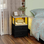 Fixwal Night Stand with Charging Station, LED Nightstand with U-S-B Ports and Outlets, 2 Fabric Storage Drawers with PU Finish, Bed Side Table, French Oak
