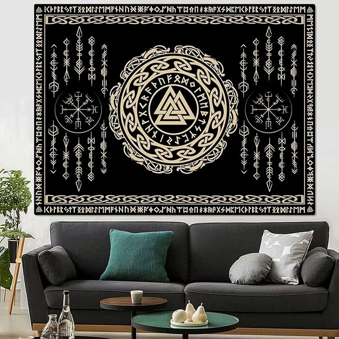 OSUNBD Nordic Viking Tapestry Wall Hanging - Small 70x47 inches Soft Flannel with Valknut, Celtic Runes & Norse Mythology Scandinavian for Bedroom, Living Room Decor