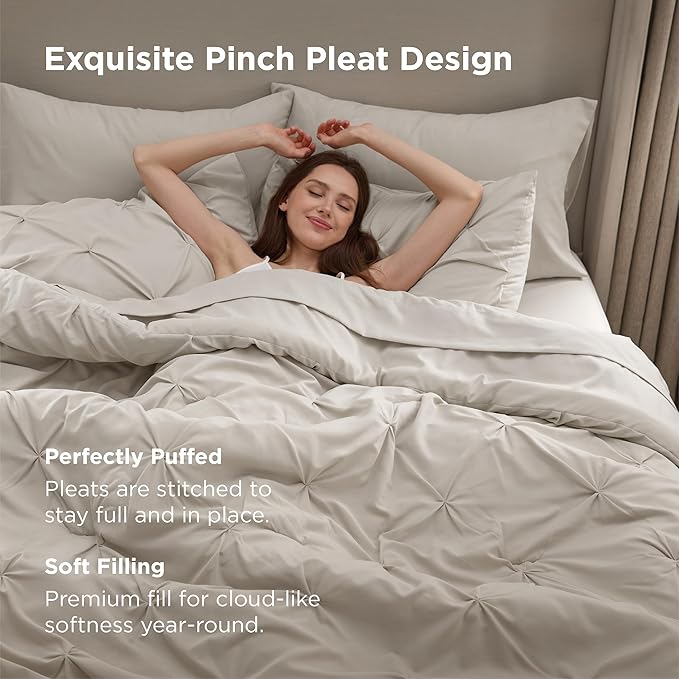 Bedsure King Comforter Set Linen - Bed in a Bag Bedding Set 7 Pieces, GentleSoft™ Pintuck Bed Set Gift for Family, Pinch Pleat All Season Comforter with Sheets, Pillowcases & Shams