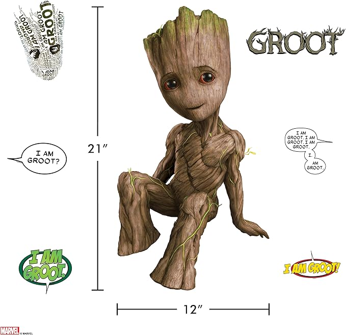 Wall Palz Marvel Guardians of The Galaxy Baby Groot Wall Decal - Peel and Stick Wall Stickers with 3D Augmented Reality Interaction - 21" Groot Stickers - Marvel Room Decor