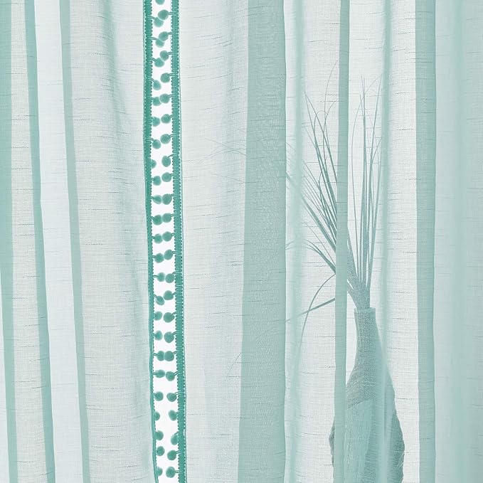 Treatmentex Aqua-Blue Pom-Pom Sheer Curtains for Bedroom Nursery Room 63inches Long Linen Textured Window Sheer Drapes 52" W, 1 Pair, Rod Pocket