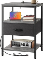 SUPERJARE Night Stand with Charger Station, 27.7 Inch Tall Nightstand with Adjustable Fabric Drawer, Bed Side Table, Fabric Drawer Dresser for Bedroom, Living Room, Charcoal Gray and Black