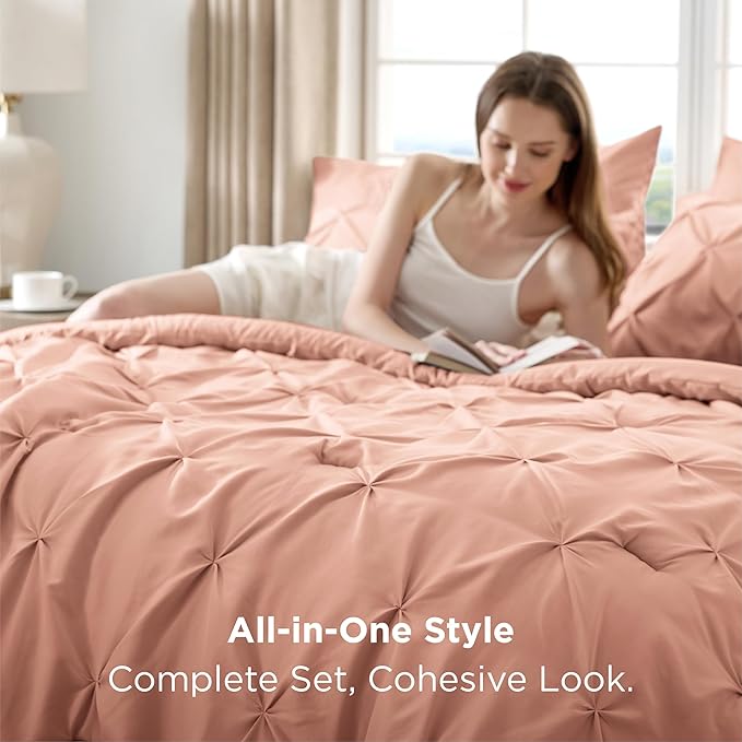 Bedsure Queen Comforter Set Dusty Pink - Bed in a Bag Queen Size Bedding 7 Pieces, GentleSoft™ Pintuck Bed Set Gift for Family, Pinch Pleat All Season Comforter with Sheets, Pillowcases & Shams