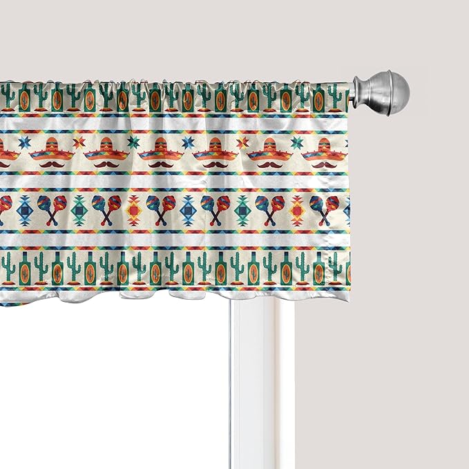 Ambesonne Mexican Window Valance Pack of 2, Latin American Cultural Native Borders Indigenous Saguaro Sombrero Tequila Bottle, Rod Pocket Curtain Valances for Kitchen Bedroom, 42" X 12", Jade Green