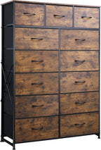 WLIVE Storage Organizer Unit with 13 Fabric Bins, Storage Drawers Organizer with Steel Frame, Tall Storage Tower Organizaton for Living Room, Hallway, Office, Rustic Brown Wood Grain Print